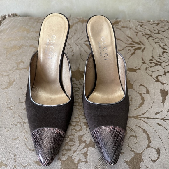 Gucci satin and snake skin leather slides 6C wide - Picture 5 of 9